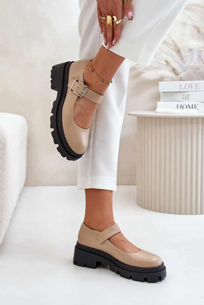 FI1 Kreminiai stilingi elegantiški bateliai su dirželiu