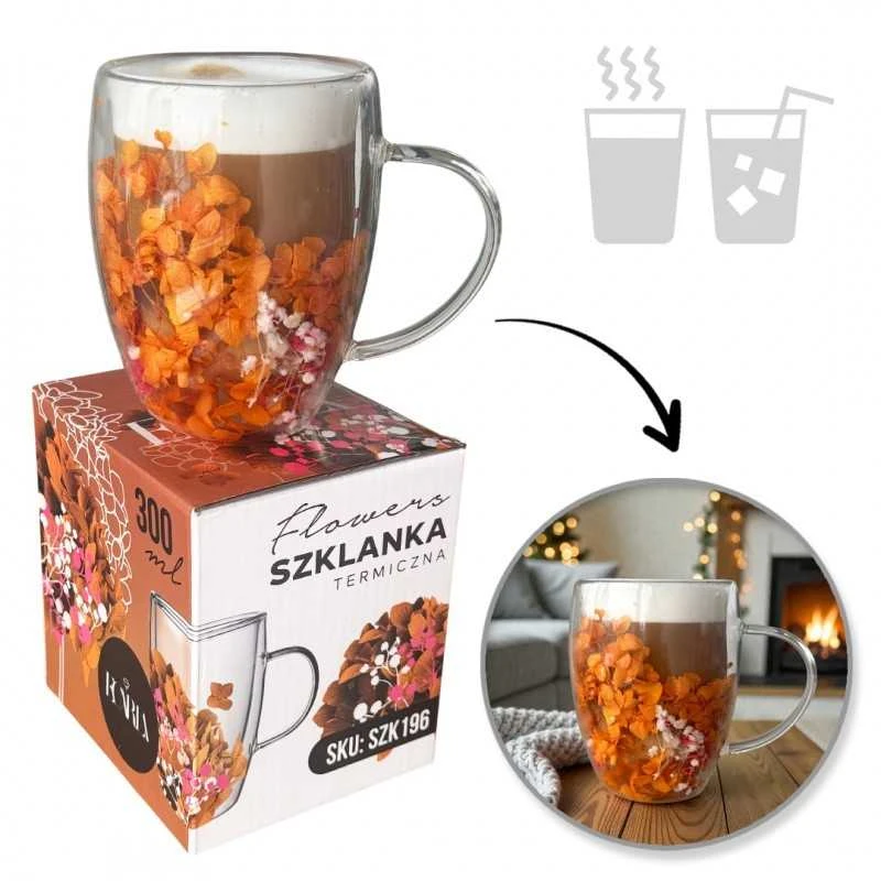 Eu Sandelis Gražus dvigubo stiklo puodelis su gėlėmis viduje 300ml 1vnt SZK196