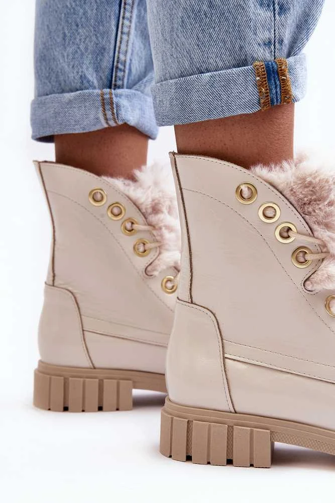 Lewski Shoes Kreminės spalvos natūralios odos aulinukai su kailiuku