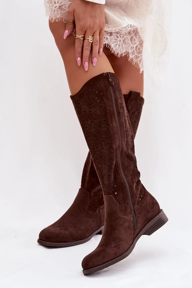 S.Barski Moteriški tamsiai rudi zomšiniai batai gražiu raštuotu aulu