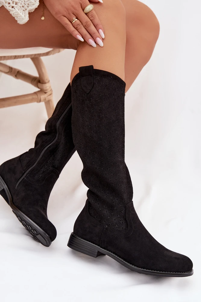 S.Barski Moteriški zomšiniai juodi ilgaauliai batai