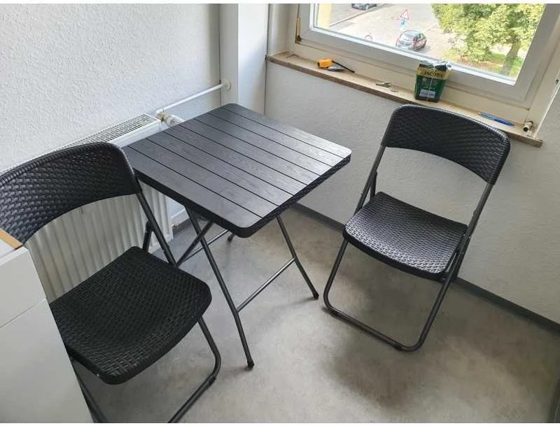 Lauko baldų komplektas Ecarla Sodo baldų komplektas, 3 viename, stalas + 2 kėdės, dirbtinis rotangas, juodas balkonas, SC07