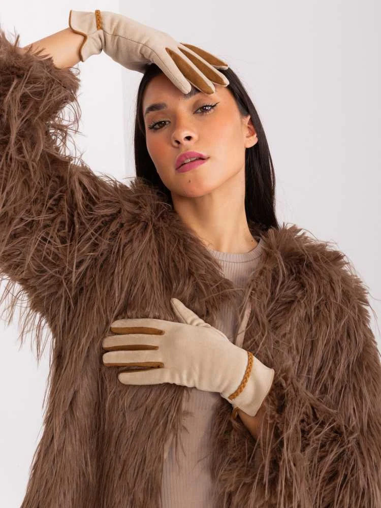 Wool Fashion Italia Elegantiškos smėlio spalvos pirštinės: Dydis - S/M