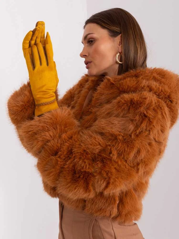 Wool Fashion Italia Geltonos pirštinės su pinta juostele: Dydis - S/M