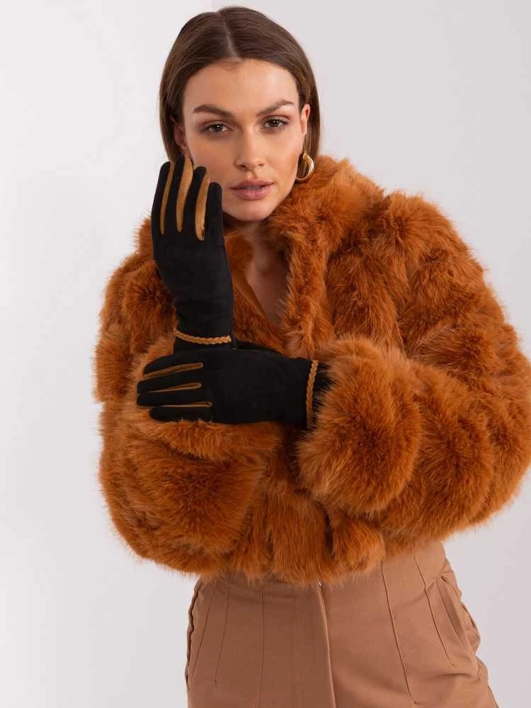 Wool Fashion Italia Juodos pirštinės su pinta juostele: Dydis - S/M