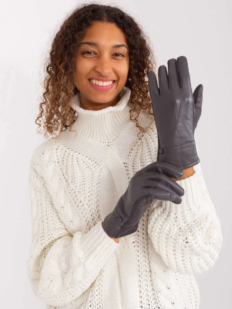 Wool Fashion Italia Pilkos odinės pirštinės moterims: Dydis - S/M