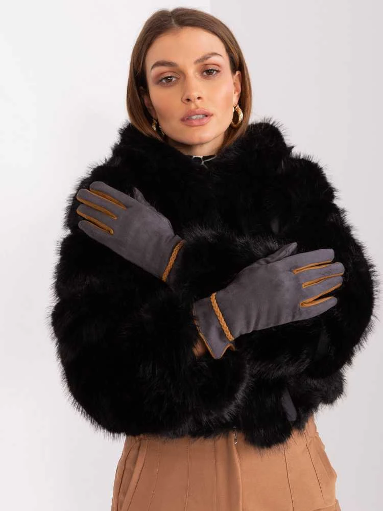 Wool Fashion Italia Pilkos pirštinės su pinta juostele: Dydis - L/XL
