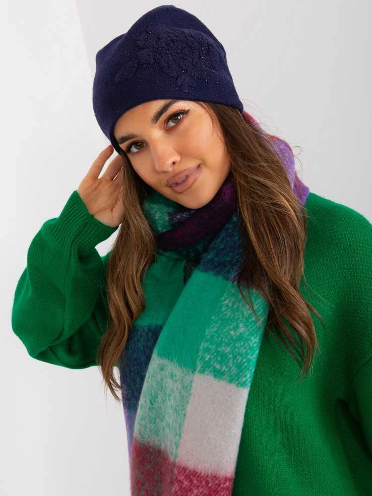 Wool Fashion Italia Tamsiai mėlyna žieminė kepurė su blizgučiais: Dydis - Universalus