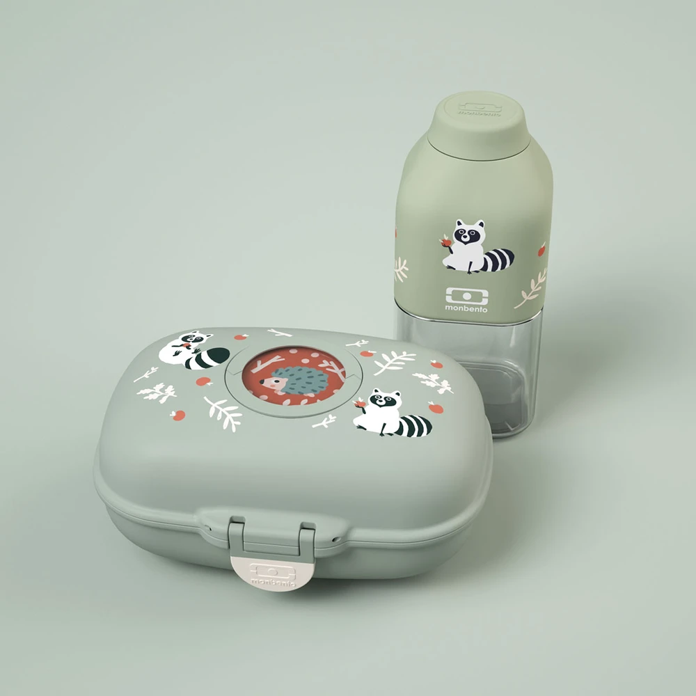 Monbento lunchbox i butelka vaikams Gram Žalias Raccoon