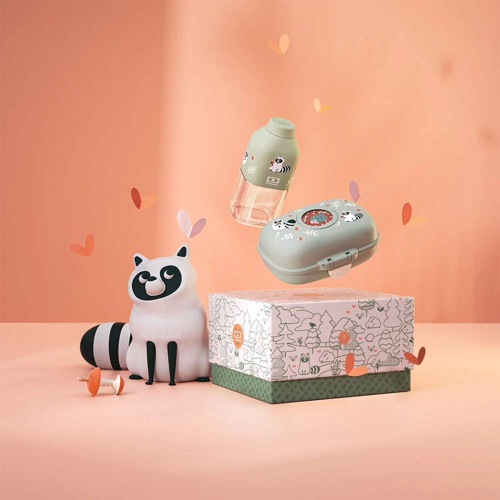 Monbento lunchbox i butelka vaikams Gram Žalias Raccoon