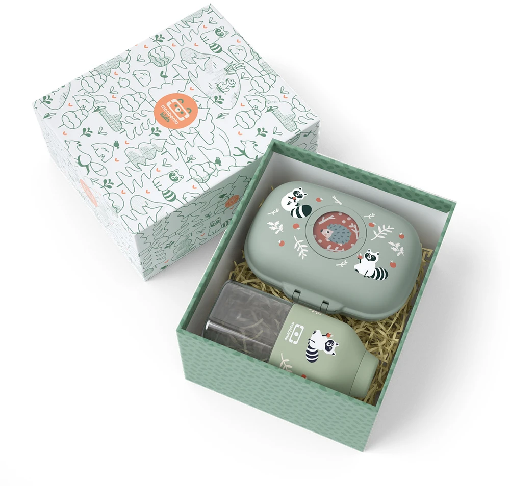 Monbento lunchbox i butelka vaikams Gram Žalias Raccoon