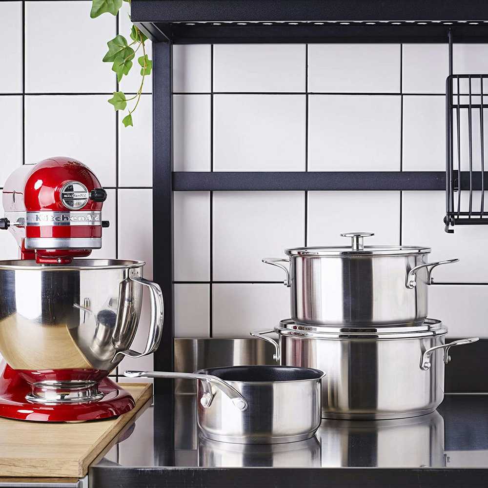 KitchenAid - Nerūdijančio plieno keptuvių rinkinys (3 vnt.): puodas su dangčiu + atviras puodas - sidabrinės spalvos - 16-24 cm