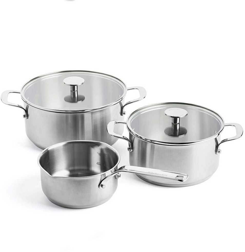 KitchenAid - Nerūdijančio plieno keptuvių rinkinys (3 vnt.): puodas su dangčiu + atviras puodas - sidabrinės spalvos - 16-24 cm