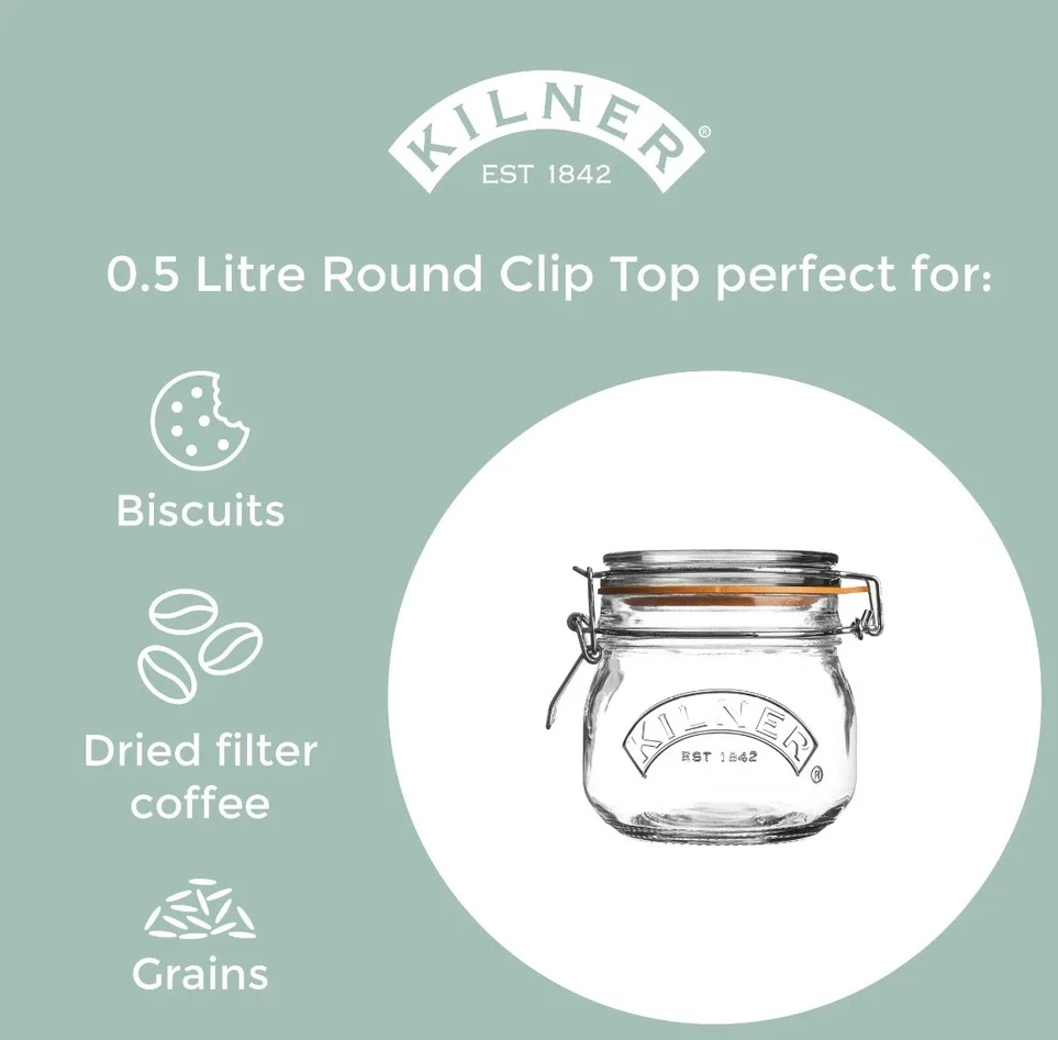 Kilner KIL-stiklainis 0,5 l. Apvalus stiklainis su užsegimu