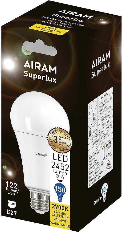 Airam Superlux 20 W standartinė kupolinė lempa, E27, 2700 K, 2452 lm