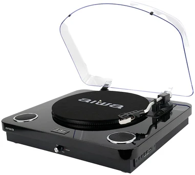 Aiwa LPS-25BK vinyylisoitin sisäänrakennetuilla kaiuttimilla, musta