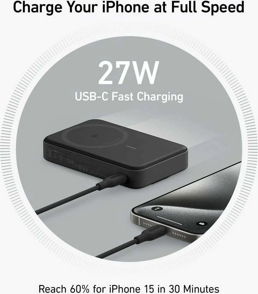 „Anker 633“ magnetinė belaidė išorinė baterija su 27 W USB C prievadu | A1654G11 | 10000 mAh | Juodas