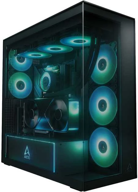 ARCTIC Xtender kompiuterio korpusas, Midi-Tower, E-ATX, RGB, Tempered Glass – includes vertical GPU mount & riser cable, juodos spalvos