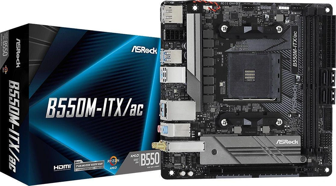Pagrindinė plokštė ASROCK B550M-ITX/ac AM4 lizdas DDR4 4733+ 4.0 x16 PCIe DisplayPort 1.4 HDMI 7.1 CH HD 4 SATA3 6 USB 3.1 Gen1 mITX MB