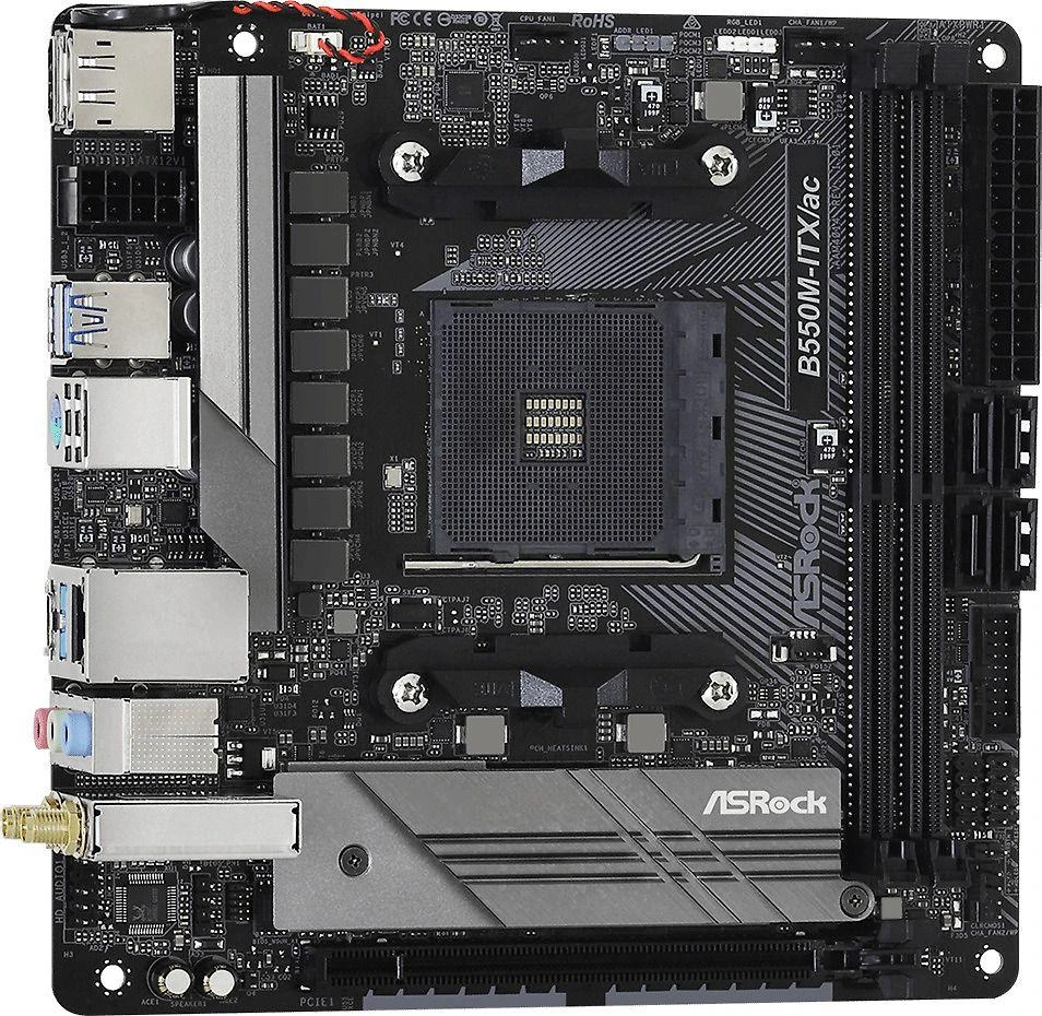 Pagrindinė plokštė ASROCK B550M-ITX/ac AM4 lizdas DDR4 4733+ 4.0 x16 PCIe DisplayPort 1.4 HDMI 7.1 CH HD 4 SATA3 6 USB 3.1 Gen1 mITX MB