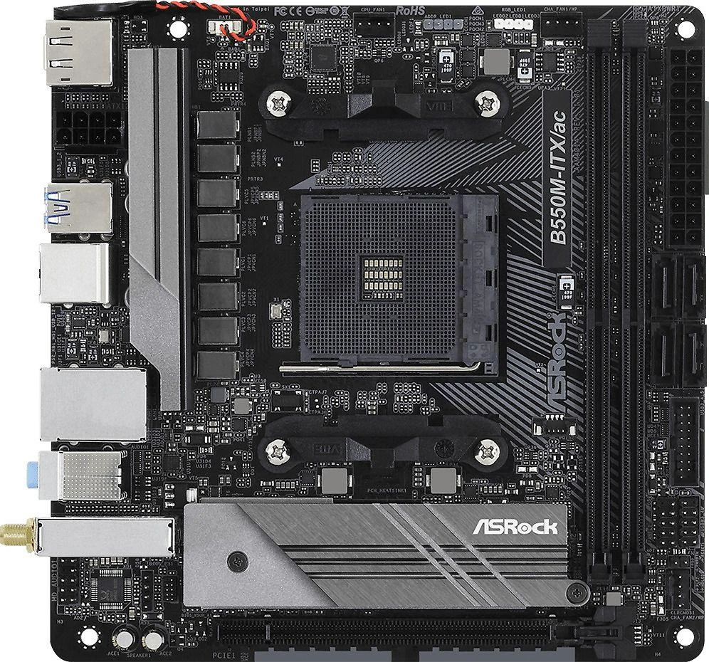 Pagrindinė plokštė ASROCK B550M-ITX/ac AM4 lizdas DDR4 4733+ 4.0 x16 PCIe DisplayPort 1.4 HDMI 7.1 CH HD 4 SATA3 6 USB 3.1 Gen1 mITX MB