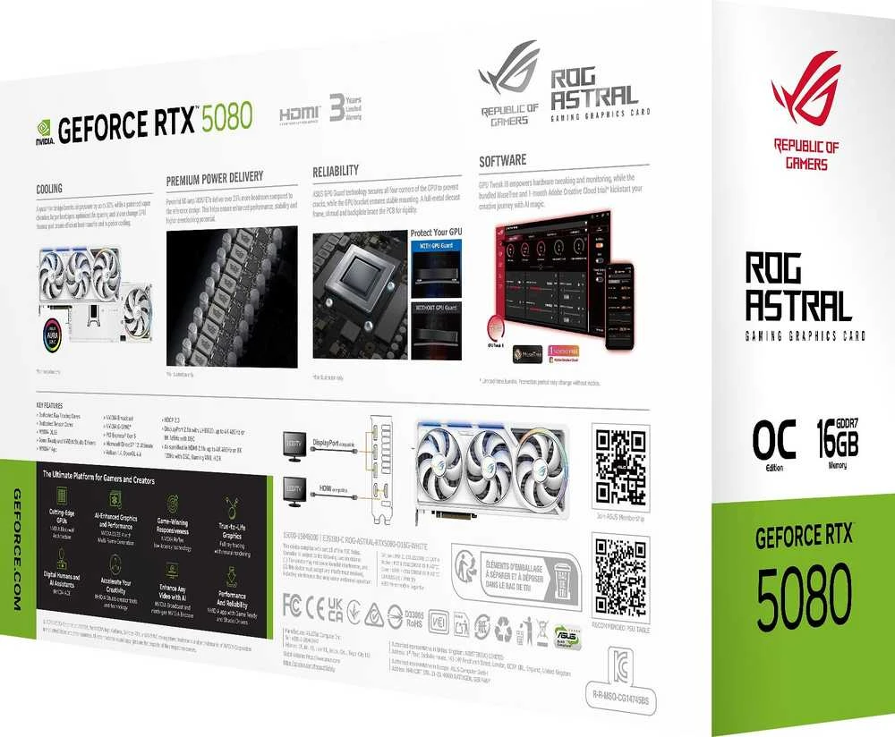 Vaizdo plokštė ASUS GeForce RTX 5080 ROG ASTRAL OC Baltas 16GB DLSS 4