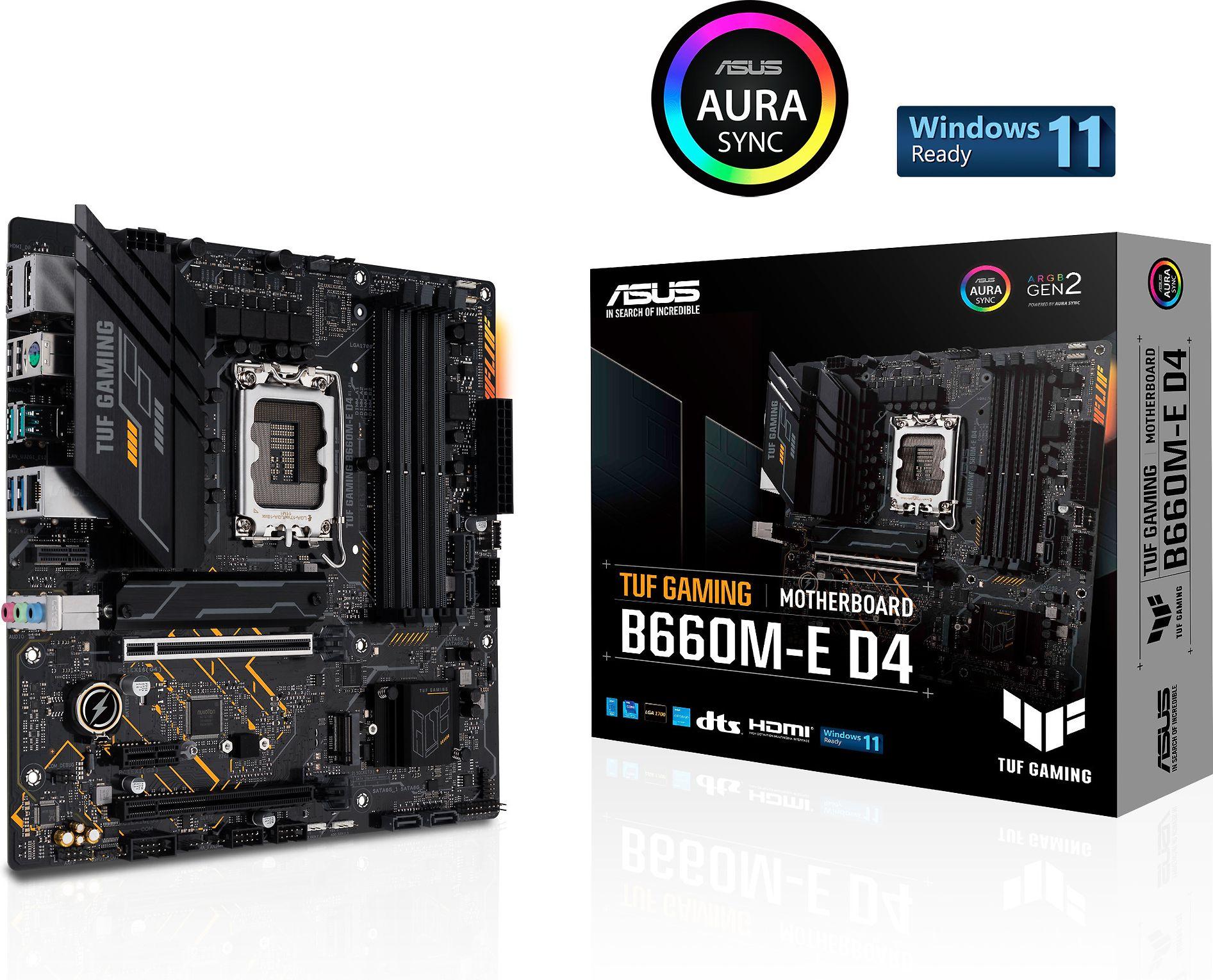 Pagrindinė plokštė Asus TUF GAMING B660M-E D4 Procesorių šeima Intel procesoriaus lizdas LGA1700 DDR4 DIMM Atminties lizdai 4 Palaikomos standžiojo disko sąsajos SATA, M.2 SATA jungčių skaičius 4 Mikroschemų rinkinys Intel B660 microATX