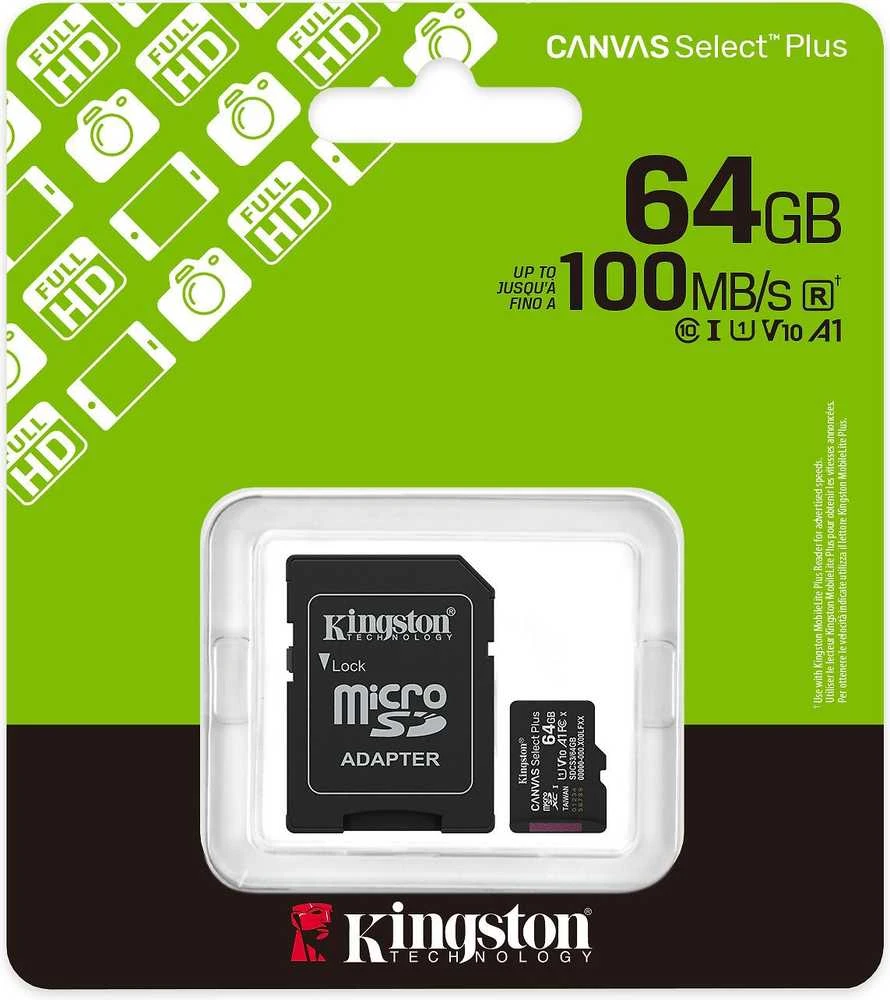 „Kingston Technology“ 64 GB „Micro SDXC Canvas Select Plus Gen3“ 100 MB/s A1 atminties kortelė + adapteris