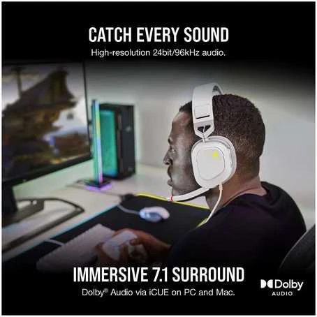 Corsair Ausinės Žaidimams HS80 RGB Su mikrofonu, Baltos, Over-Ear Su laidu
