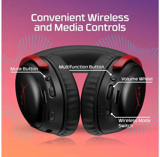 HyperX Cloud III belaidžių ausinių valdymo mygtukų schema