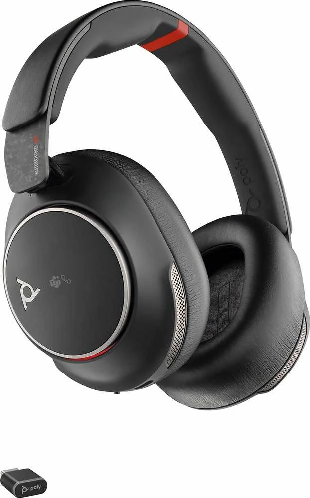 Poly Voyager Surround 85 UC – šoninis vaizdas su adapteriu