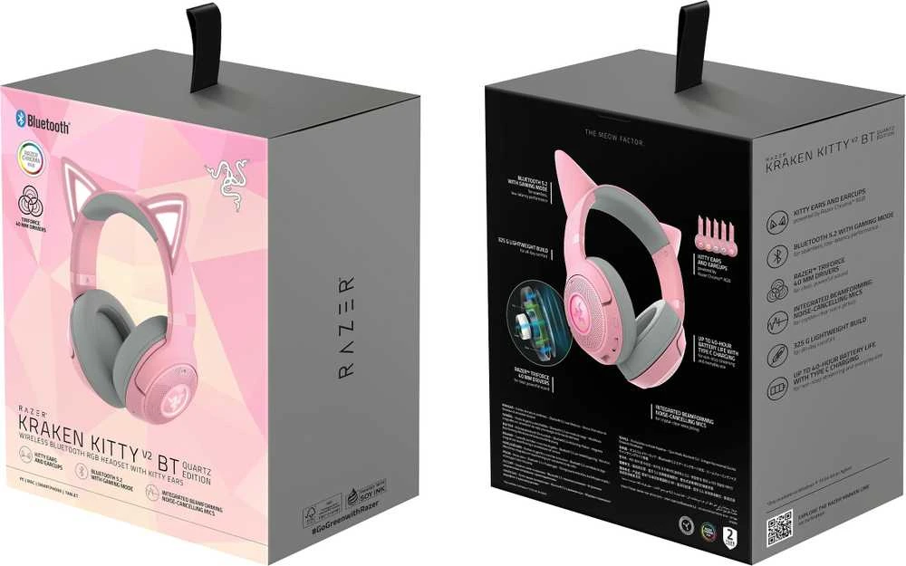Razer Kraken V2 Kitty BT rožinės ausinės pakuotėje
