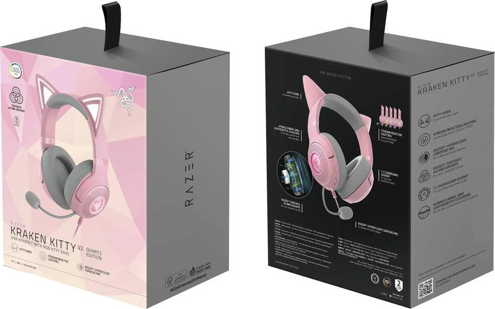Razer Kraken Kitty V2 žaidimų ausinės, su laidu, mikrofonu, Rožinės spalvos