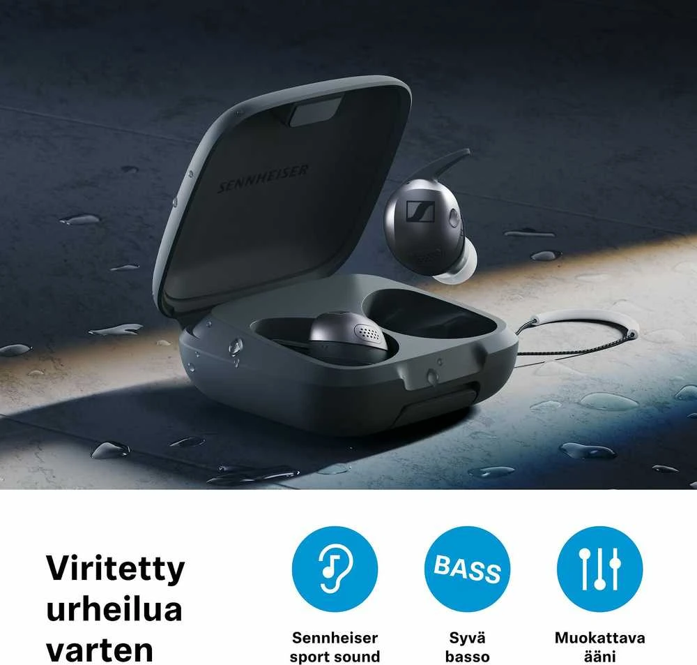 Sennheiser Momentum Sport įkrovimo dėklas ir ausinės