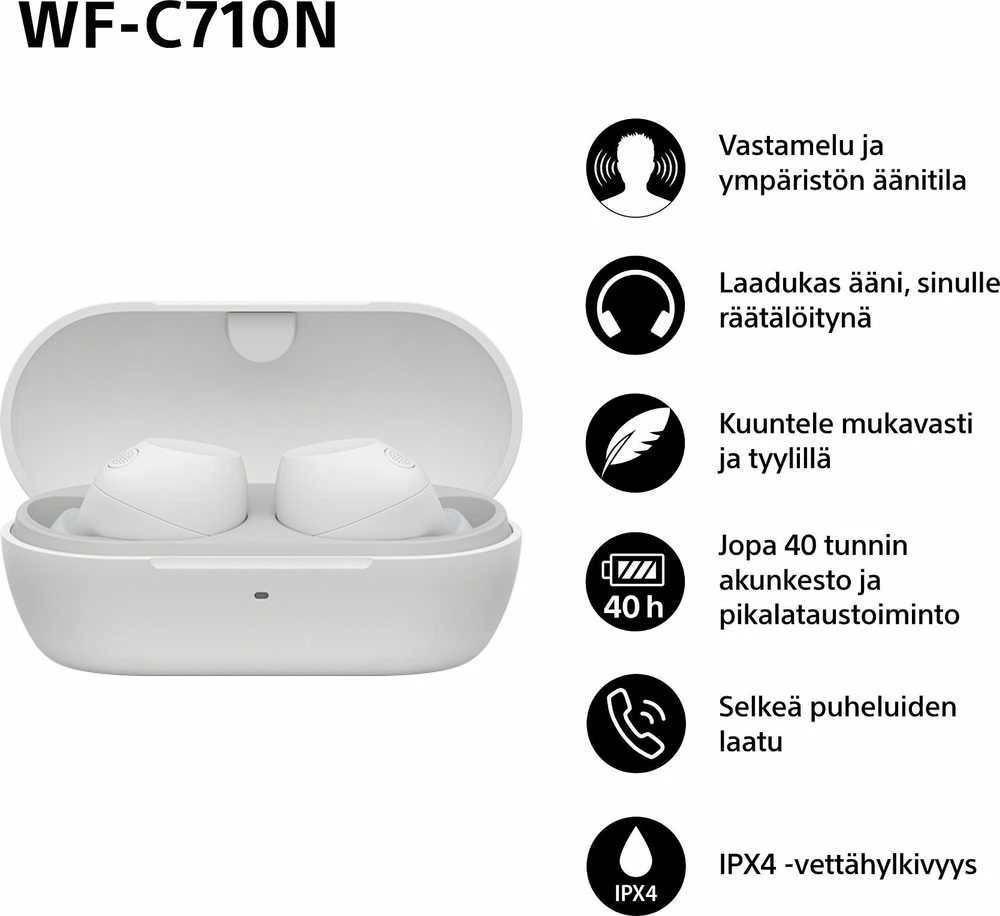 Sony WF-C710N baltos ausinės su funkcijų piktogramomis