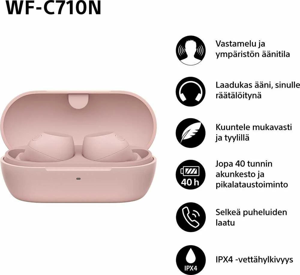 Sony WF-C710N rožinės su funkcijų aprašymu