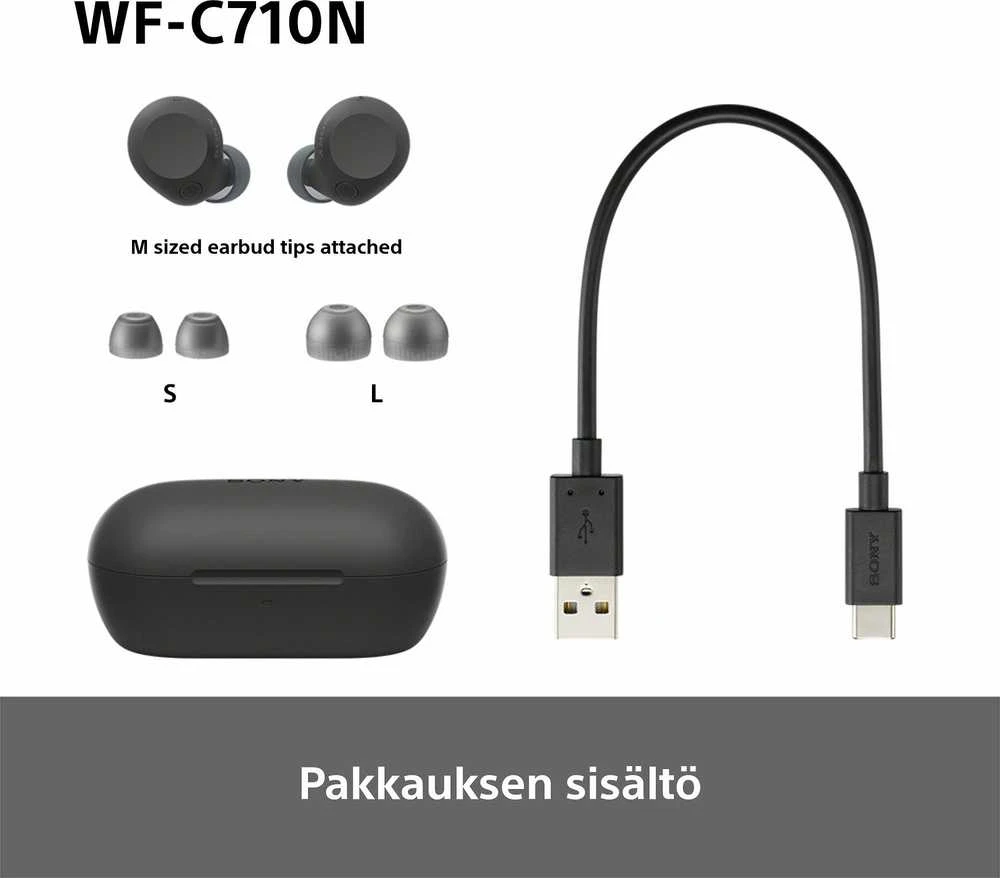Sony WF-C710N dėžutės turinys ir priedai