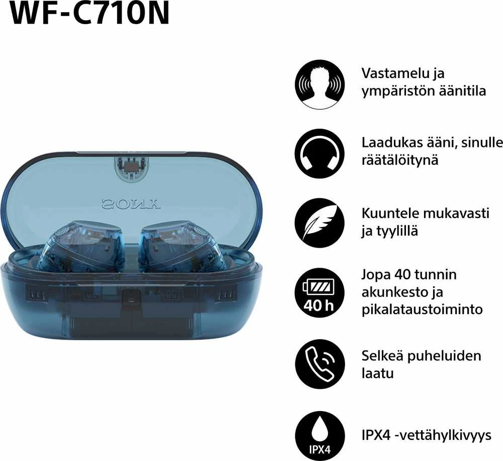 Sony WF-C710N mėlynos ausinės su funkcijų aprašymu