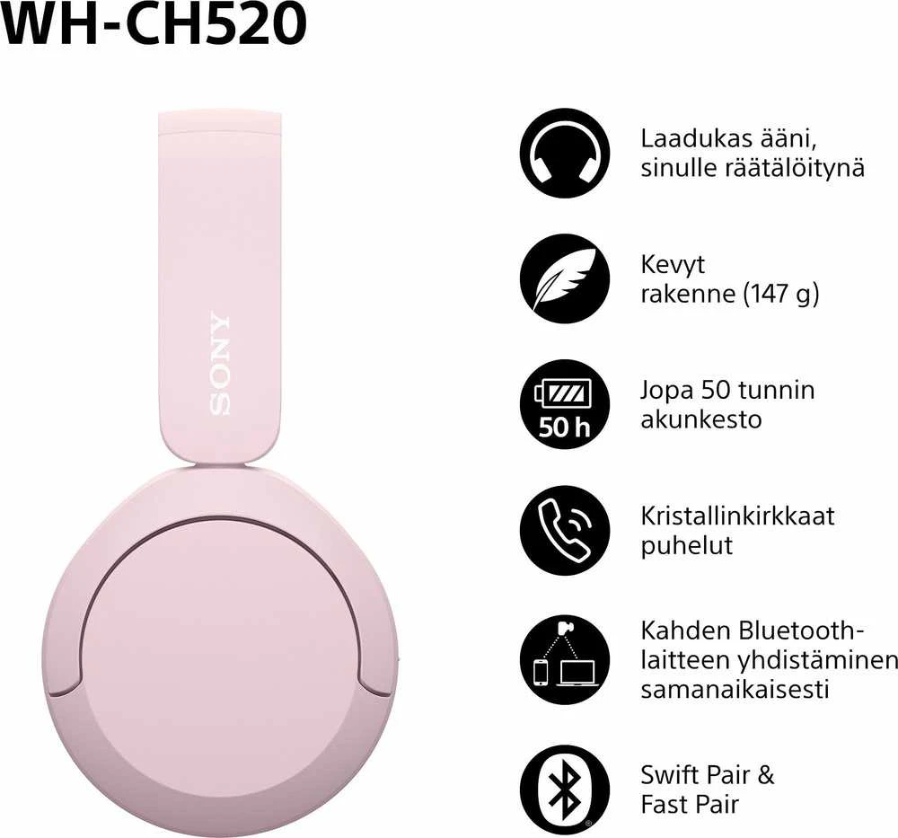 Belaidės Ausinės Sony WH-CH520L, Rožinės