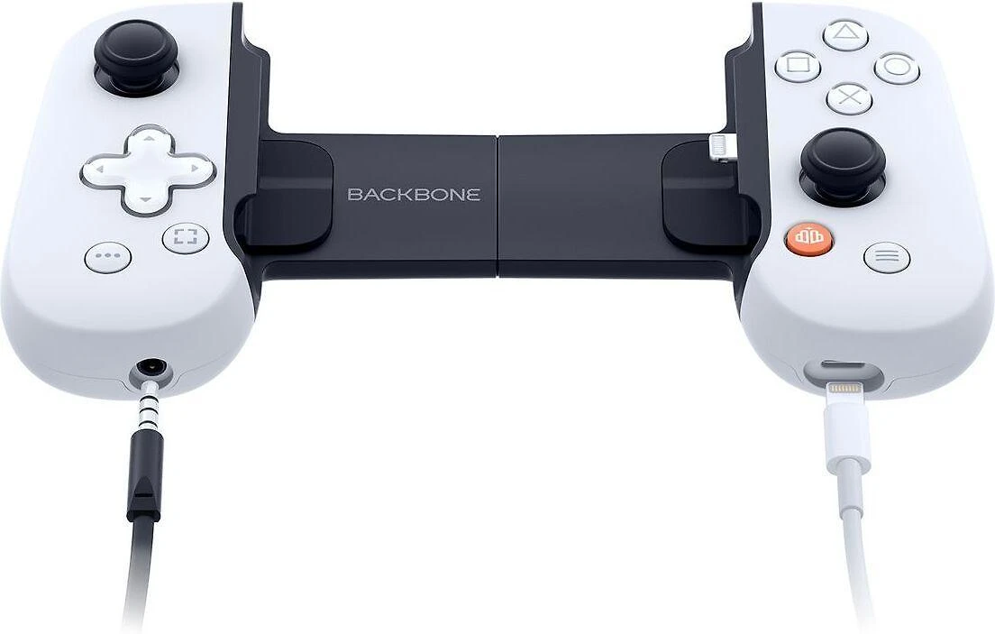 „Backbone One“ skirtas „iPhone PlayStation Edition“ „Baltas Lightning“ žaidimų pultas kompiuteriams, „PlayStation“ ir „iOS“ įrenginiams