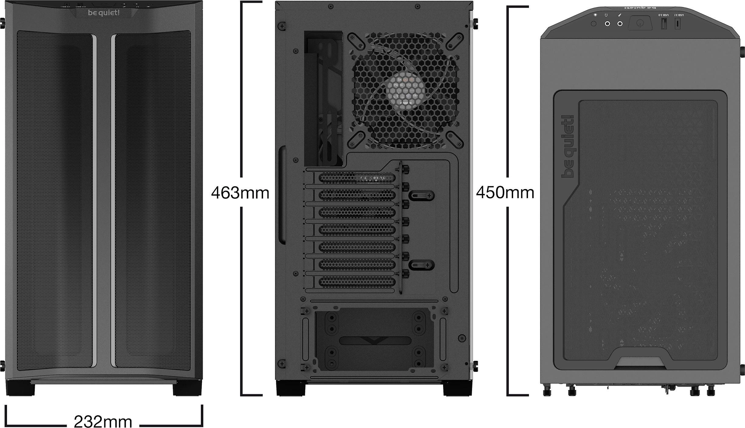 Kompiuterio korpusas be quiet! Pure Base 500DX / Didelio oro srauto įsiurbimas / 3 Pure Wings 2 140 mm ventiliatoriai / ARGB LED / USB 3.2 Gen. 2 Type C / Paruoštas aušinimui vandeniu / Juodas