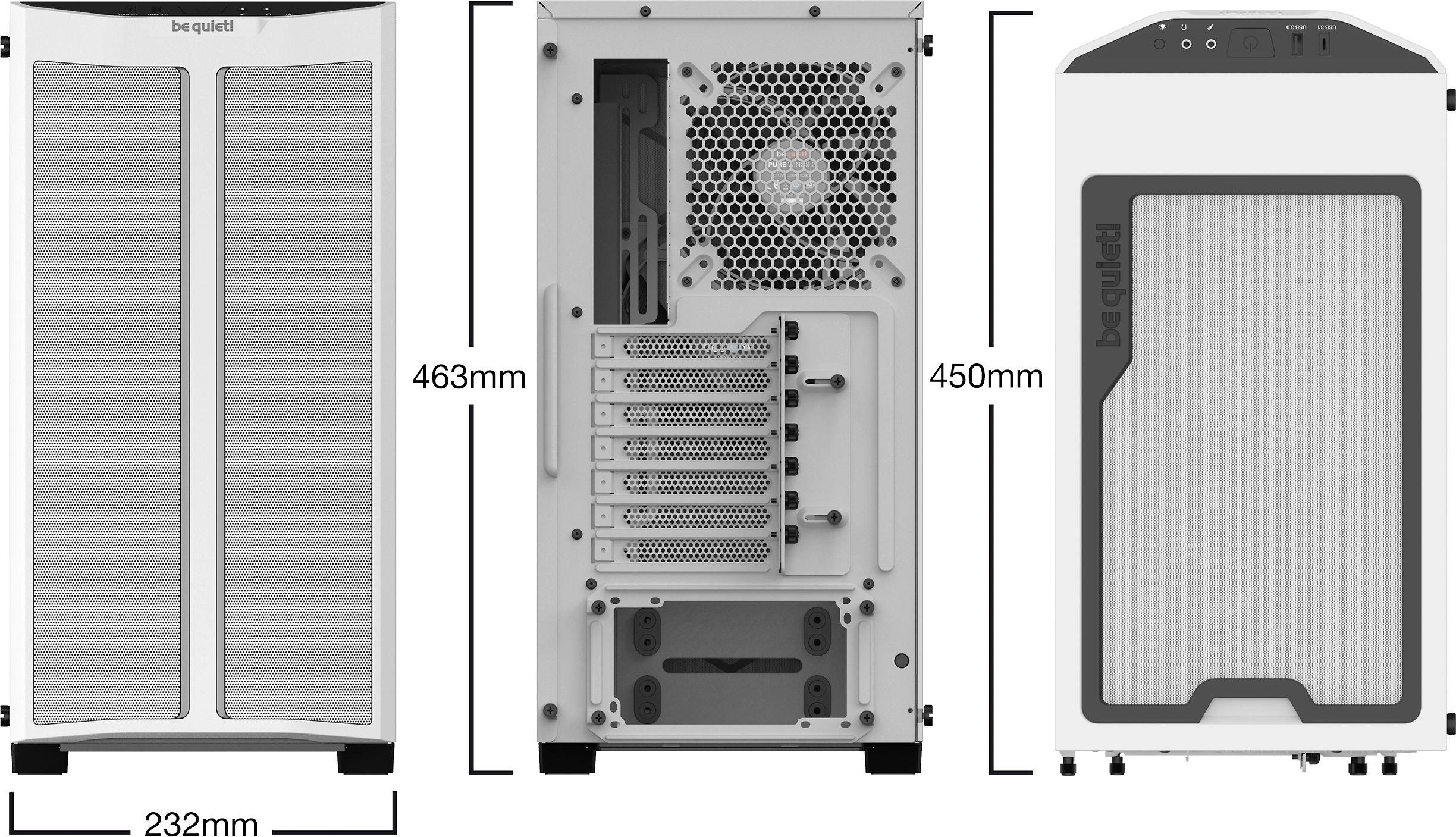 Kompiuterio korpusas be quiet! Pure Base 500DX / Didelio oro srauto įsiurbimas / 3 Pure Wings 2 140 mm ventiliatoriai / ARGB LED / USB 3.2 Gen. 2 Type C / Paruoštas aušinimui vandeniu / Baltas
