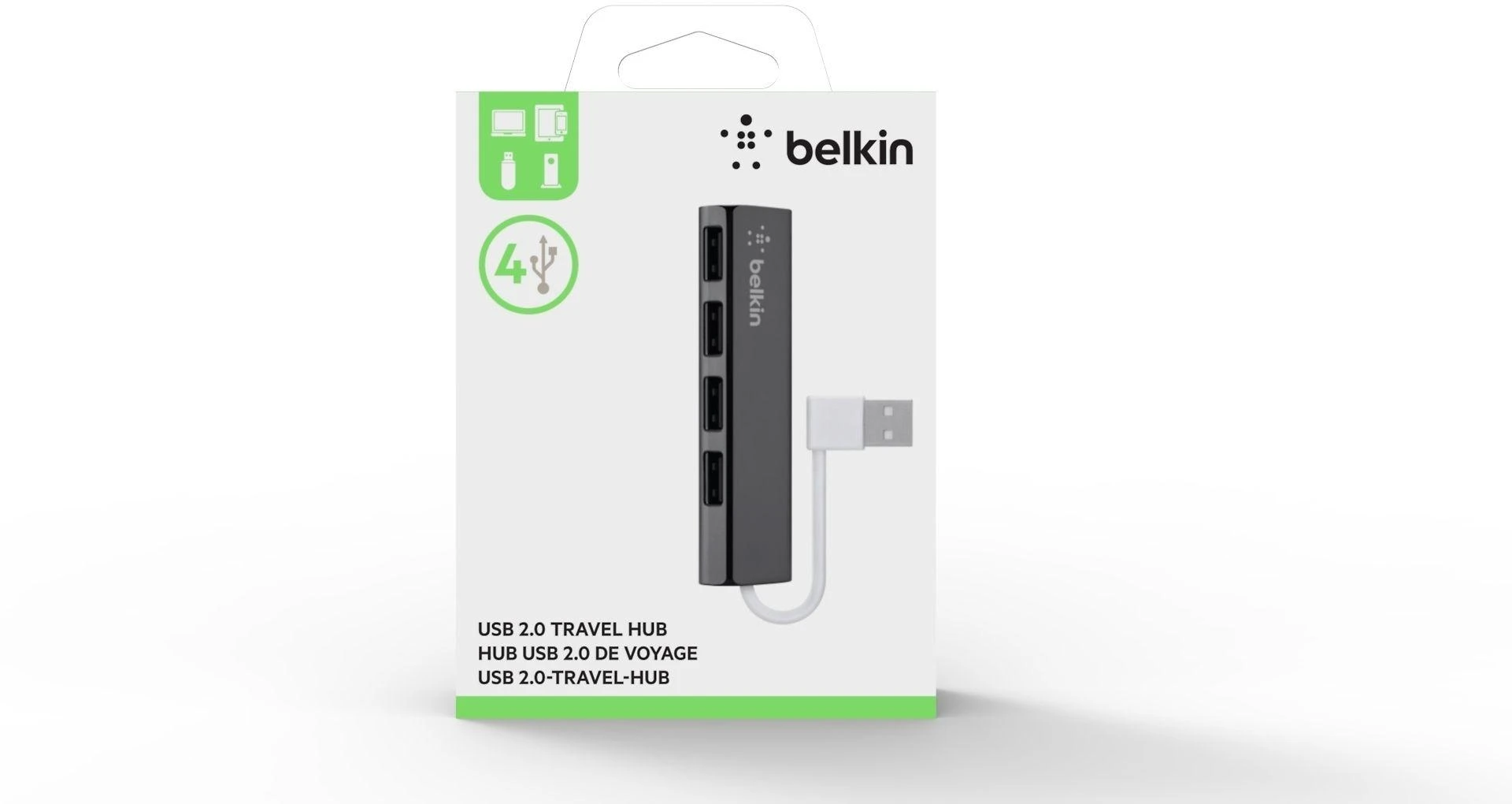 „Belkin“ itin plokščias 4 prievadų plonas „Travel-Hub“ pasyvus juodas F4U042BT