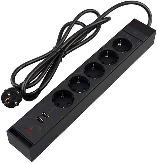 Blackstorm Farad jatkojohto RGB-valoilla, 5 pistorasiaa + 2 x USB-A, 2 m