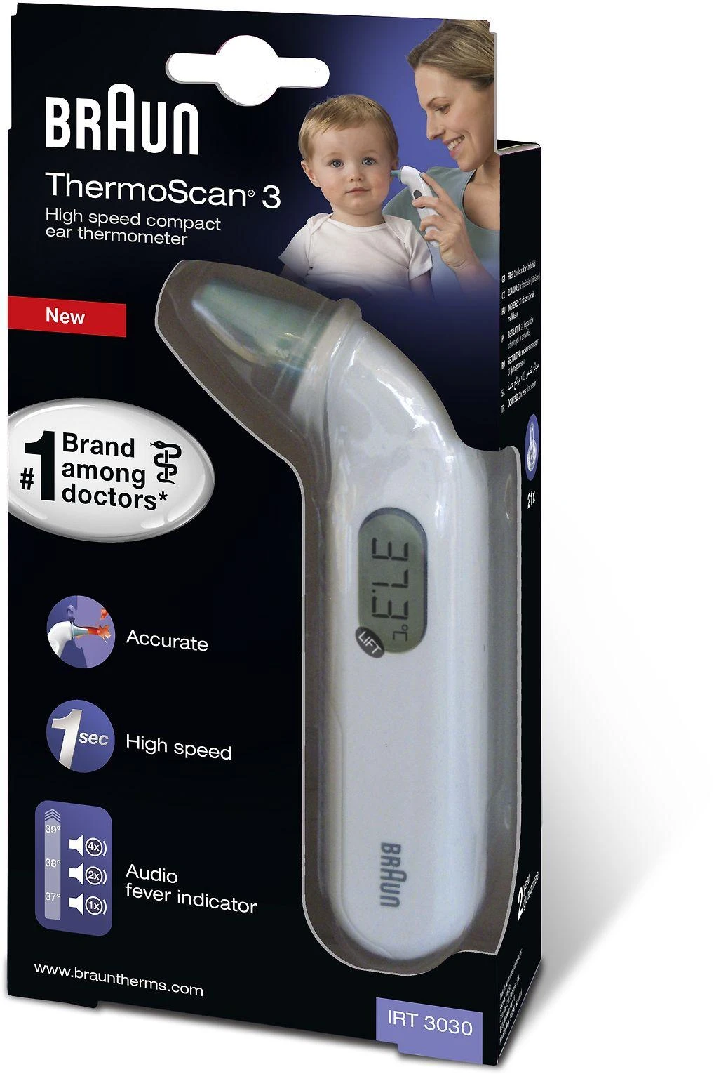 Braun Thermoscan 3 infraraudonųjų spindulių ausies termometras IRT3030 Atminties funkcija, Matavimo laikas 1 s, Baltas