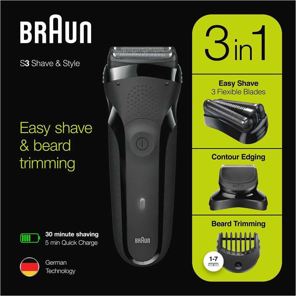 Barzdaskutė Braun | Shaver | Series 3 Shave&Style 300BT | Operating time (max) 30 min | NiMH | Juodas/Žalias