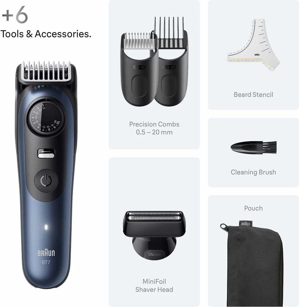 Braun BeardTrimmer 7 BT7520 Baterija 40 2 cm „Wet & Dry“ Juoda, Mėlyna