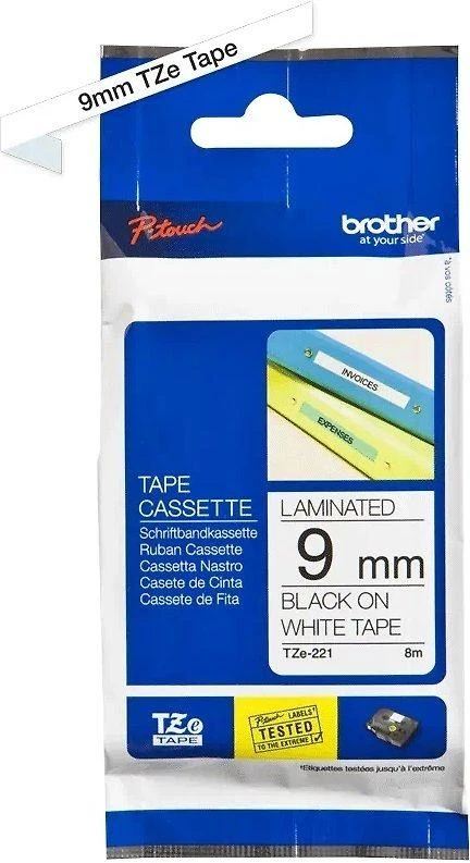 Brother | TZe-221 Laminated Tape | Juodas on Baltas | TZe | 8 m | 9 cm