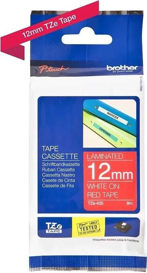 Brother | TZe-435 Laminated Tape | Baltas on Raudona | TZe | 8 m | 1.2 cm