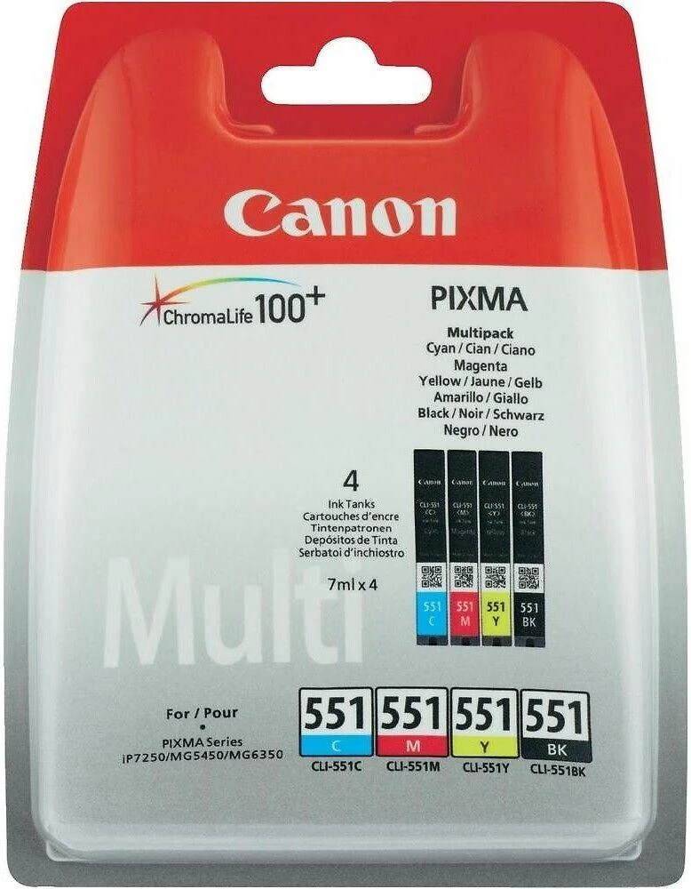 Canon kasetės | CLI-551 BK/C/M/Y Sudėtinė pakuotė | Rašalas | Juodas, geltona, žalsvai mėlyna, purpurinė